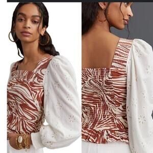 Anthropologie Love the Label Smocked Puff Sleeve Blouse S